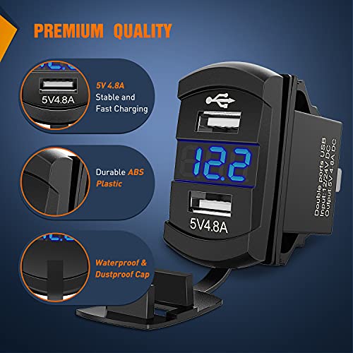 Nilight Rocker Switch Style Dual USB Outlet LED Voltmeter Quick Connector 12V Car Replacement with Inline Fuse for Boats RVs Trucks Cars - color: Dual USB Voltmeter Blue