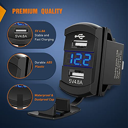 Nilight Rocker Switch Style Dual USB Outlet LED Voltmeter Quick Connector 12V Car Replacement with Inline Fuse for Boats RVs Trucks Cars - color: Dual USB Voltmeter Blue