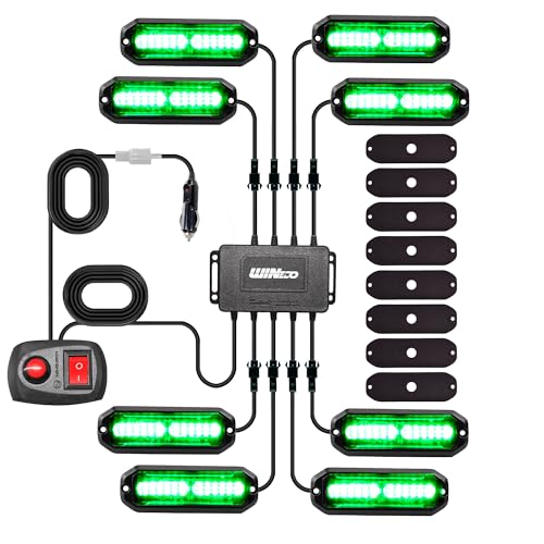 WINECO 8PCS LED Strobe Lights 12V Sync Feature Green 12LED Emergency Hazard Warning Lights with Strobe Controller for Trucks Vehicles ATV RV Cars Van - color: Green