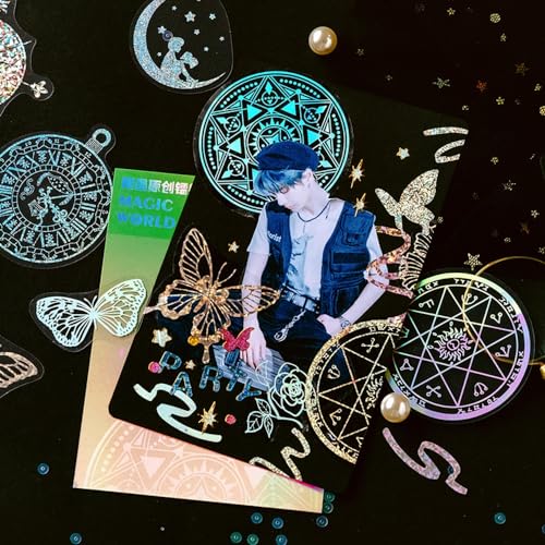 Gold Holographic Stickers, Obujopal 90Pcs Magic Constellat Astronomy Stickers for Scrapbooking Journaling Collage Junk Journal Diary Planner Card Making Envelope DIY Art Crafts Photo Album