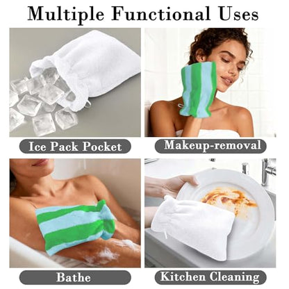 VOOVA & MOVAS 6-Pack Shower Wash Cloth, 100% Cotton Soft Absorbent Bath Mitts with Hanging Loop, 8.3x6.3 Inch European Style Bathing Gloves for Body & Spa, Green White Striped - color: Green-white Striped