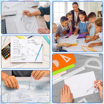 Coopay 7 Pcs Geometry Kit with Ruler, Triangle Ruler, Protractor and Compass Set | 12'' & 6'' Straight Rulers, 45°/60°Triangle Ruler, 6" & 4" Protractors, Compass, Geometry, Drafting, Math, School, Office - size: 7 Pcs Geometry Math Tool