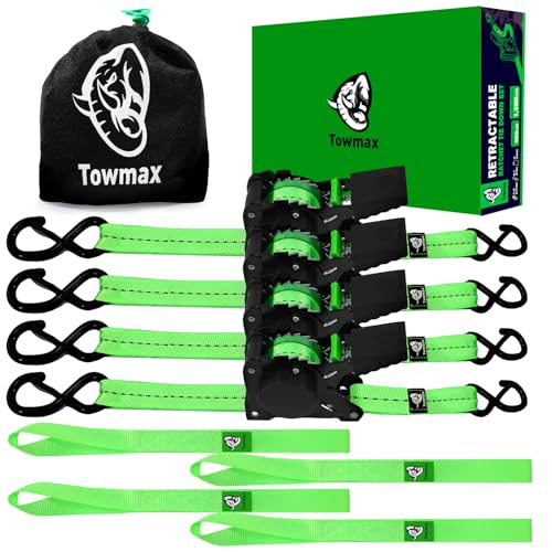 Retractable Ratchet Straps(4 Pack) - 1in x 10ft Self Retracting Ratchet Straps with Soft Loops, 1,500 lbs Break Strength Retractable Tie Down Straps, Easy Retract for Motorcyle, Cargo, Truck, Trailer - color: Green, size: Retractable 1500lb - 10ft
