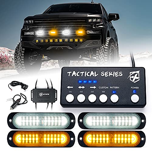 Xprite Amber/White LED Surface Mount Strobe Lights Kit, Grill Grille Side Marker Light Flashing Emergency Warning Light Assemblies w/Control Box for Trucks Vehicles ATV RV Cars Van - 4PCS - color: White Amber, size: 4PCS
