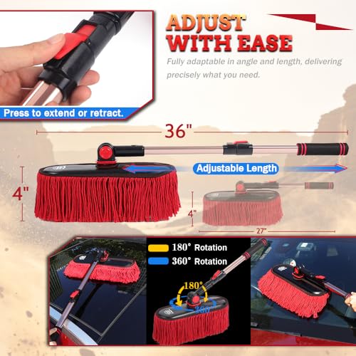 Car Duster Exterior Scratch Free & Interior Detailing Brush Set, Waxed Cotton Waterless Dust Remover, 360° Swivel Telescoping Handle, Multi-Purpose Cleaning Tool for Cars, RVs & Home - color: Light red