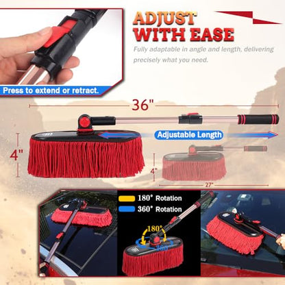 Car Duster Exterior Scratch Free & Interior Detailing Brush Set, Waxed Cotton Waterless Dust Remover, 360° Swivel Telescoping Handle, Multi-Purpose Cleaning Tool for Cars, RVs & Home - color: Light red