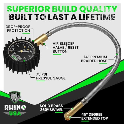 Rhino USA Heavy Duty Tire Pressure Gauge (0-75 PSI) - Certified ANSI B40.1 Accurate, Large 2" Easy Read Glow Dial, Premium Braided Hose, Solid Brass Hardware, Best for Any Car, Truck, Motorcycle, RV - size: 75 PSI Compact