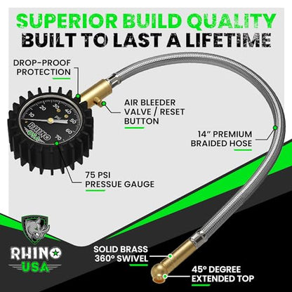 Rhino USA Heavy Duty Tire Pressure Gauge (0-75 PSI) - Certified ANSI B40.1 Accurate, Large 2" Easy Read Glow Dial, Premium Braided Hose, Solid Brass Hardware, Best for Any Car, Truck, Motorcycle, RV - size: 75 PSI Compact