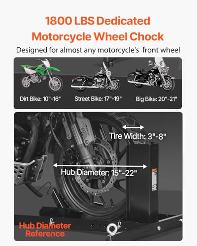 VEVOR Motorcycle Wheel Chock, Max. 1800 lbs Heavy Duty Motorcycle Stand, with 6 Adjustable Holes, Durable Steel Construction, Fits 15"-22" Wheels, Work with Off-Road and Regular Bikes