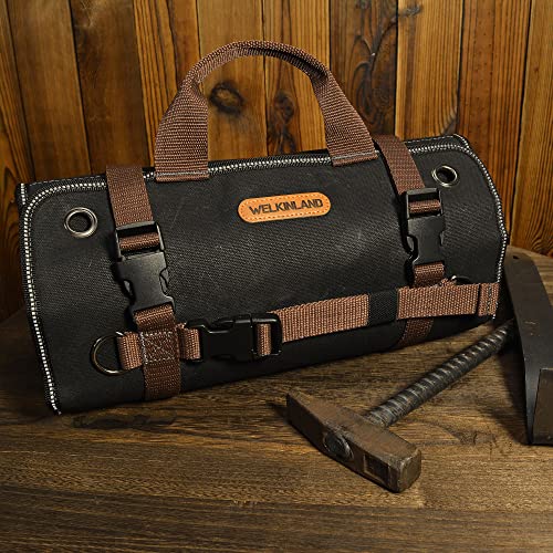 WELKINLAND Heavy-Duty Waxed Canvas Tool roll, 15-Pockets Tool Wrap Roll, 15L Tool Up Roll Bags, Tool Bag Roll, Tool roll organizer, Roll up tool bag organizer