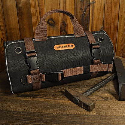 WELKINLAND Heavy-Duty Waxed Canvas Tool roll, 15-Pockets Tool Wrap Roll, 15L Tool Up Roll Bags, Tool Bag Roll, Tool roll organizer, Roll up tool bag organizer