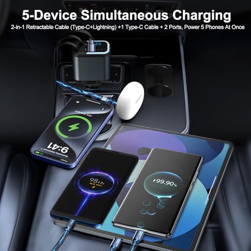5-in-1 120W 30-Minutes Fast Flash Charging Retractable Car Charger, Wireless Bluetooth FM Transmitter, Type-C+USB-A Car Charger Adapter, Compatible with iPhone 17/16/15/14/13 Pro Max & Android Devices