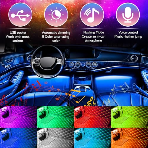 Car LED Strip Lights Christmas, 4Pcs 48 LED Interior Lights, Multicolor Music Car Strip Light Under Dash Lighting Kit with Sound Active Function and Remote Controller, DC 5V