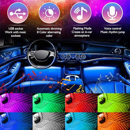 Car LED Strip Lights Christmas, 4Pcs 48 LED Interior Lights, Multicolor Music Car Strip Light Under Dash Lighting Kit with Sound Active Function and Remote Controller, DC 5V