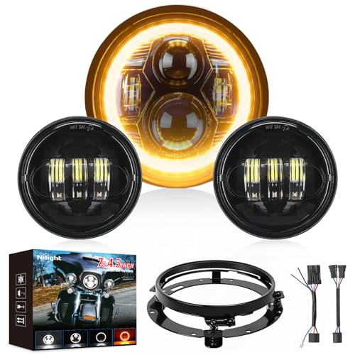 Nilight 7 Inch Motorcycle LED Headlight 4.5" Fog Lights Halo Turn Signal DOT Compatible with Harley Davidson Electra Street Glide Fat Boy Road King Heritage Softail CVO, Black - color: 7Inch Headlight DRL+4.5Inch Fog Lights Black