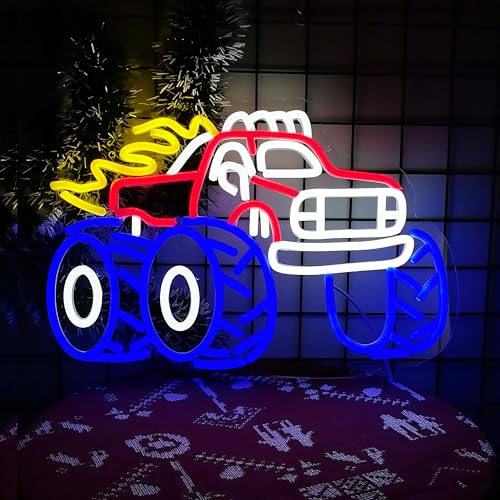 Monster Truck Neon Sign Truck LED Neon Light for Wall Decor Dimmable LED Sign for Boys Room Wall Art Birthday holiday Gifts 16.5"×11" - color: moncar-red