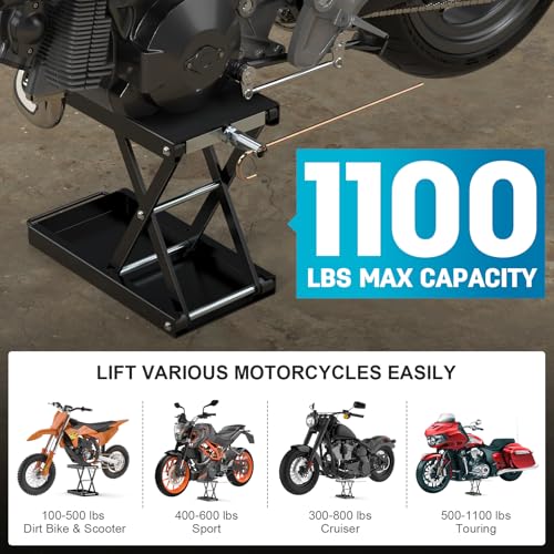 Heavy-Duty Motorcycle Lift Stand, Black Steel, 1100 LBS Capacity | Wide Anti-Slip Deck, J Crank Handle & Socket, Scissor Lift Design, For Cruisers, Dirt Bikes, Street Bikes, ATVs