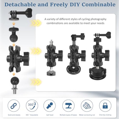 Camera Mount with 360°Dual Ball Head, Motorcycle Handlebar Mounting Bundle Kit for lnsta360 X5/X4/Gopr0 DJl Action 5/, 1/4"-20 & Tripod Adapter, Action Camera Mount Adapter for M10 Hole Base,75019 - style: M10 Action Camera Mount Kit