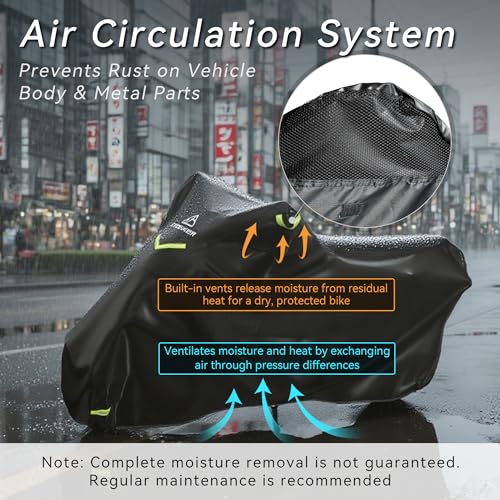 Motorcycle Cover 300D Waterproof Outdoor Night Reflective Breathable Vents All Season Rain Sun Dust Protection Universal Fit Powersports Vehicle Cover with Lock-Holes Fits up to 104" - size: 104"