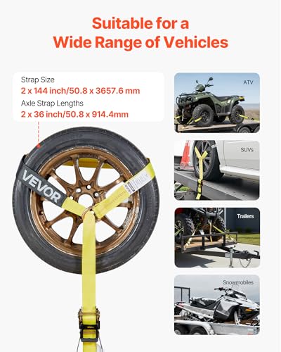 VEVOR Wheel Chock Tie-Down Kit, Tire-Style Trailer Tie Down Strap, Car Tie Down Kit with Spring Hook, Break Strength 10009 lbs & Working Load 3333 lbs Motorcycle System for ATV, SUV, Trailer - style: Tire-Style with Spring Hook
