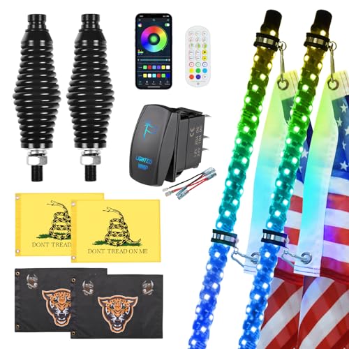 Ehaho 2 Pack 3FT Whip Lights with Spring Base,LED Whip Light with App & Remote Control, Spiral RGB Chasing Lighted Whips with Rocker Switch, Music Whip Light for UTV ATV Polaris RZR Can-Am SXS Truck - size: 3FT / (Pack of 2)