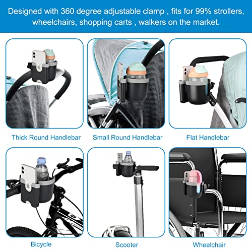 Accmor Stroller Cup Holder with Phone Holder, Bike Cup Holder, Universal Cup Holder for Uppababy Nuna Doona Strollers, 2-in-1 Cup Holder for Walker, Wheelchair, Scooter - color: Mix Grey