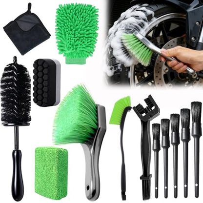 13PCS Motorcycle Cleaning Kit, Motorcycle Detailing Kit Overall Cleaner Tools Car Washing Brush Rims Cleaning Kit Chain Tire Wheel Brush Set Chain Tire for Car Bike Motorbike (Green)