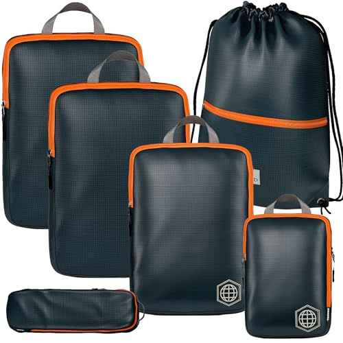 Extra Large Compression Packing Cube 6 Piece Set for Travel and Check Luggage by TRIPPED Travel Gear - color: Grey/Orange