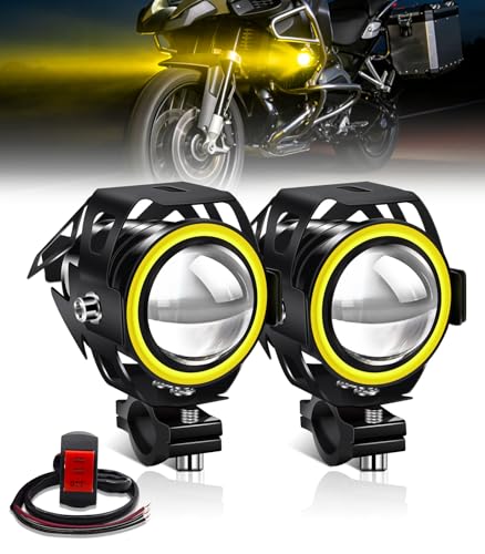 Motorcycle Auxiliary Lights with Yellow Angel Eyes Halo Ring，Motorcycle LED Fog Driving Spotlight with Switch for Motorbike Dirtbike Scooter ATV UTV 2PCS (Yellow) - color: Light Yellow