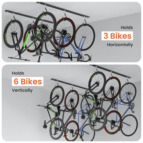 Ultrawall Ceiling Bike Rack for Garage, Indoor Bike Hanger with 6 Adjustable Bike Hooks for up to 3 Bikes (Horizontally), 6 Bikes (Vertically) - style: Fixed Bracket