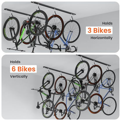 Ultrawall Ceiling Bike Rack for Garage, Indoor Bike Hanger with 6 Adjustable Bike Hooks for up to 3 Bikes (Horizontally), 6 Bikes (Vertically) - style: Fixed Bracket