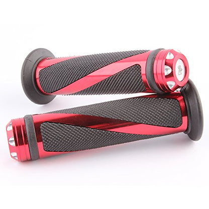 Pair of 7/8" 22mm Motorcycle CNC Aluminum Rubber Gel Hand Grips Handlebar for Sports Bike Chopper Cruiser Bike - color: Red with Bar End