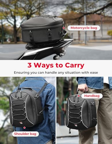 KEMIMOTO Motorcycle Tail Bag, Dual Use Motorcycle Rear Seat Bag with Waterproof Rain Cover, 22L-34L Expandable Motorbike Helmet Bag Luggage Storage Backpack with 6 straps - size: 22L-34L