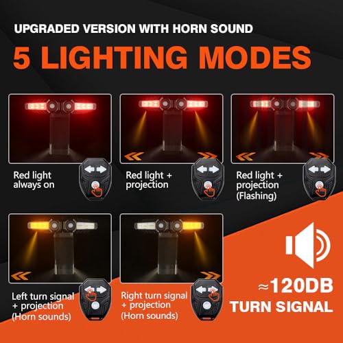 Upgrade Bike Tail Light with Projection USB Rechargeable Bike Turn Signals 150 Lumen Ultra Bright Turn Signals for Bicycle with Alarm Horn Bicycle Rear Light for Night Riding, 5 Mode