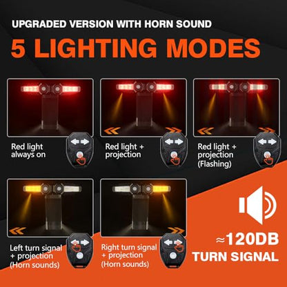Upgrade Bike Tail Light with Projection USB Rechargeable Bike Turn Signals 150 Lumen Ultra Bright Turn Signals for Bicycle with Alarm Horn Bicycle Rear Light for Night Riding, 5 Mode