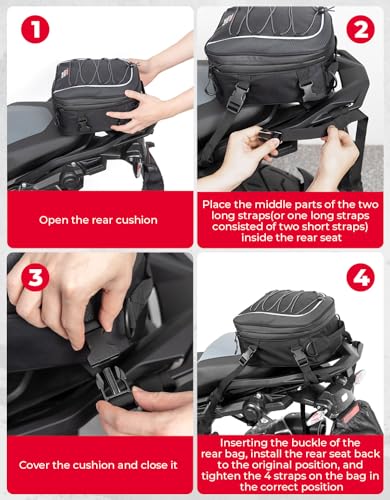 KEMIMOTO Motorcycle Tail Bag, Dual Use Motorcycle Rear Seat Bag with Waterproof Rain Cover, 7-14L Expandable Motorbike Small Bag Luggage Storage Backpack with 6 straps & 1 shoulder strap - size: 7L-14L