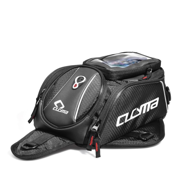 Motorcycle Tank Bag, Magnetic Motorcycle Tank Bag with Detachable Clear Phone Pouch and Rain Cover, Gas Tank Bag for Street and Touring Bikes, Black
