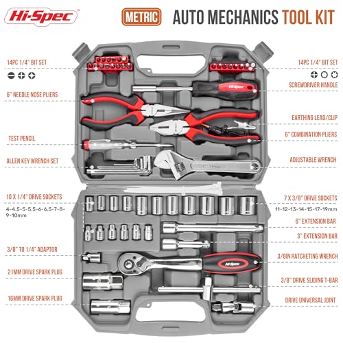 Hi-Spec 67Pc Metric Auto Mechanic Tool Set, Motorcycle & Car Tool Kit, Auto Repair with Pliers, Screwdriver Set, Socket Kit & Tool Box Storage Case for Cars, Trucks, Boats RVs & Jeeps - size: Metric_67 PCS
