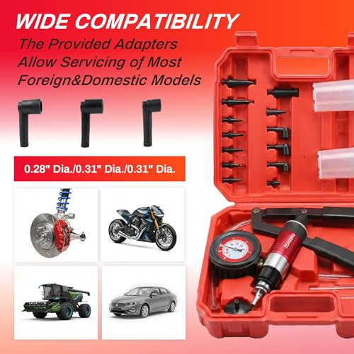 Handheld Vacuum Pump Brake Bleeder Kit, Multi-Functional Vacuum & Pressure Tester Set with Gauge, Hoses, Adapters and Fluid Reservoirs, for Automotive Brake, Clutch and Fluid Extraction ((23PC-Red))