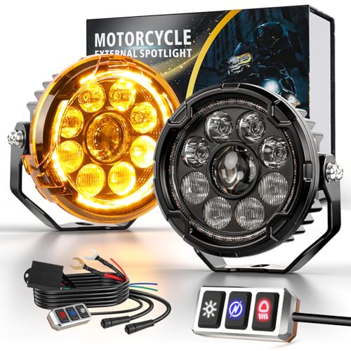 CO LIGHT 4.5 Inch Motorcycle Fog Lights 120W White/Yellow Auxiliary Lights with Hilo Beam Amber DRL LED Pod Lights with Amber Cover and Wiring Harness for Motorcycle ATV UTV Night Riding ADV Touring - color: D040