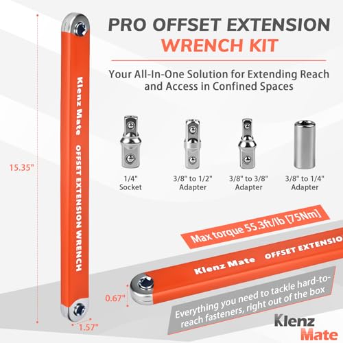 Offset Extension Wrench with 1/4", 3/8", 1/2" Drive Adapters & 1/4" Socket, Low Profile Tool for Tight Spaces, Use with Ratchet & Socket, 0° Swing Arc Extension Tool for Tight Spaces & Auto Repair - color: Orange