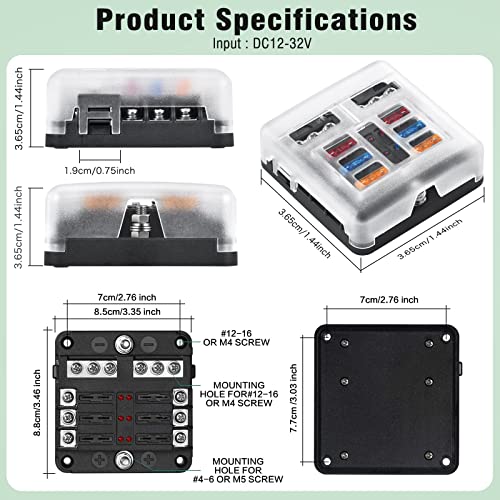 6-Way Marine Fuse Block,Waterproof 12v Fuse Block with LED Indicator for 12V/24V Automotive Golf Cart Truck Car Boat Marine RV Motorcycle - style: 6-Way