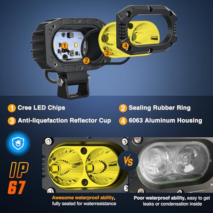 Nilight LED Pod Light 24W 4 Inch 2PCS Yellow Flood Beam Driving Lights Pods IP67 Waterproof Auxiliary Offroad Lighting for Truck Tractor SUV ATV UTV Golf Cart Boat Motorcycle Dirt Bike - color: Yellow Flood Beam 4inch
