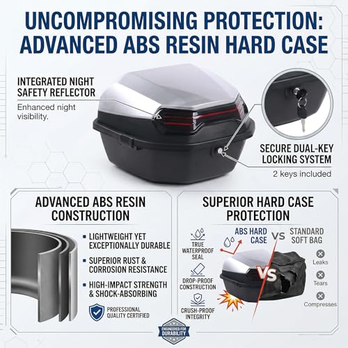 Japard Motorcycle Top Case 42L Daily Rear Tail Box Trunk, Lockable Storage Carrier, Waterproof Universal Mounting for Helmet Luggage (Silver White) - color: Silver White