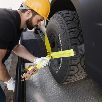 VEVOR Wheel Chock Tie-Down Kit, Tire-Style Tow Dolly Strap, Car Tie Down Kit with Heavy-Duty Hook, Break Strength 10009 lbs & Working Load 3333 lbs Motorcycle System for ATV, SUV, Snowmobiles - style: Tire-Style with Heavy Duty Hook-Yellow