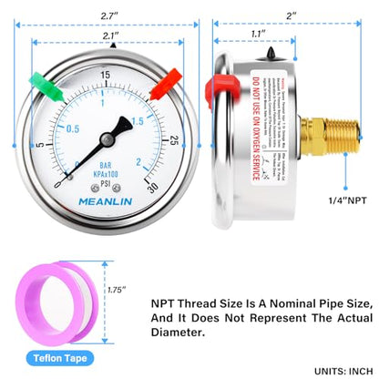 MEANLIN MEASURE 0~30Psi Liquid Filled Pressure Gauge 1/4" NPT 2.5" FACE DIAL Stainless Steel Glycerin Filled WOG Water Oil Air Back Mount (with 2PCS Snaps) - size: 0-30Psi
