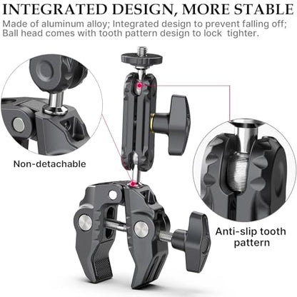 XIAOTJ Super Clamp Camera Mount with Magic Arm Double 360° Ballhead and Phone Tripod Mount/Action Camera Adapter for Phone/GoPro DJI Insta360/Monitor/DSLR/Motorcycle Bike Handlebar Gun Scope Mounts