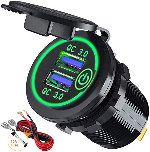 GemCoo 12V/24V USB Charger Socket, 36W QC 3.0 Dual USB Ports, Touch Switch, LED Indicator, Water Resistant, Green, for Car, RV, Boat, Truck, Motorcycle - color: Green