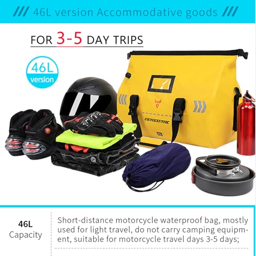 46L Motorcycle Luggage, Waterproof Roll-Top Motorcycle Bag for Long Distance Travel & Camping & Accommodates Musical Instruments, 500D PVC Heavy Duty Dry Bag with Air Valve & Shoulder Straps (Black)