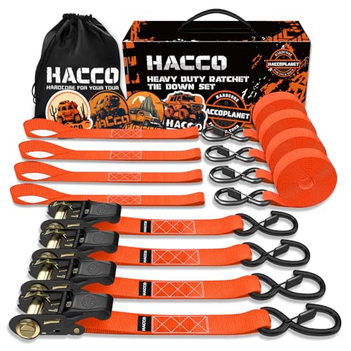 Haccoplanet Ratchet Tie Down Straps, 2340lb Break Strength, 4pc 1inch x 16FT Tie Down Strap Set with Padded Handles & Coated S Hook W/Safety Clip, Cargo Strap Tie Down for Motorcycle, Truck (Orange) - color: Orange